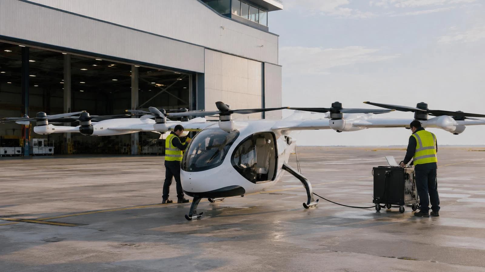 Electric aircraft on an active apron with ground operators